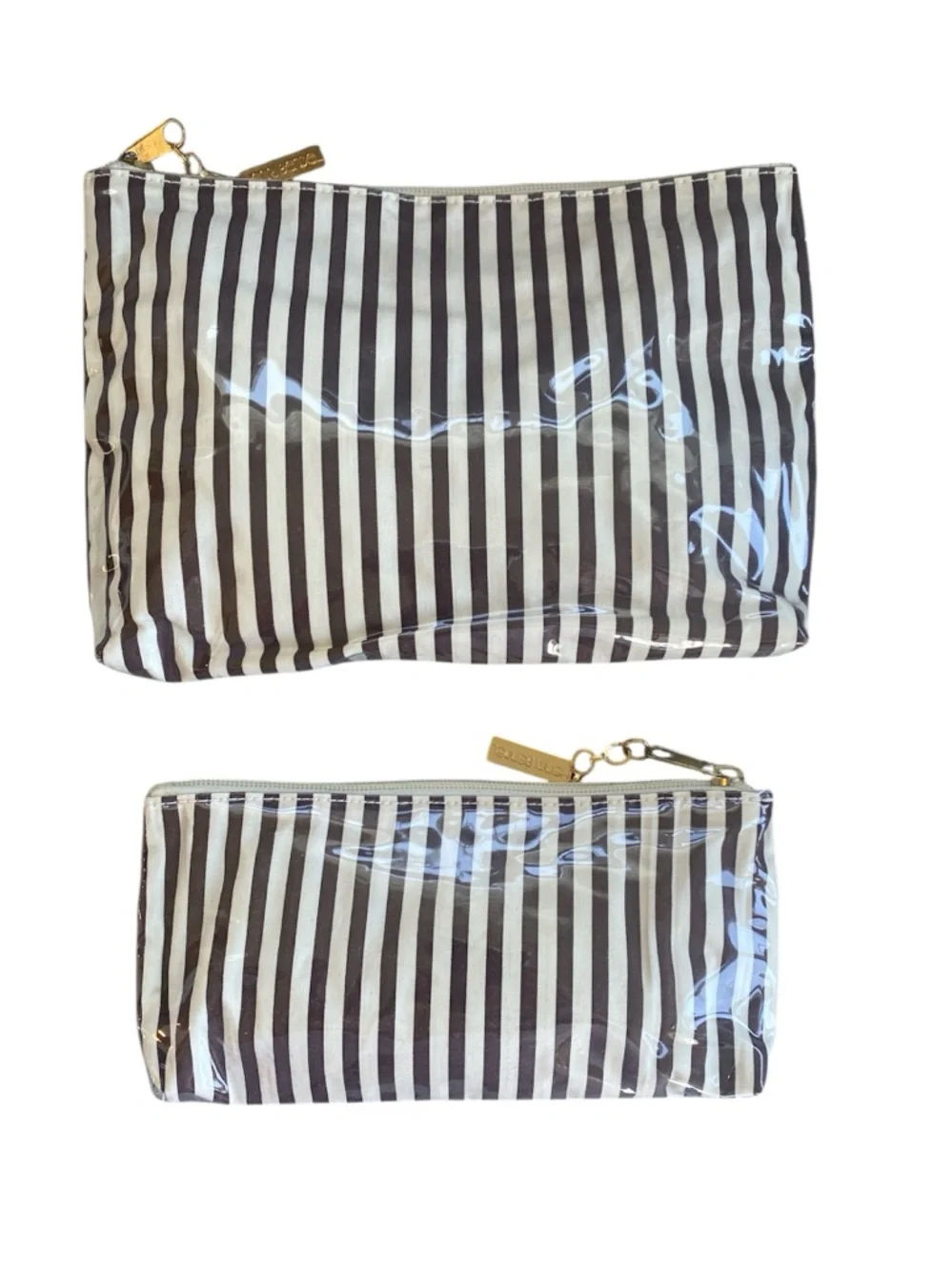 Henri Bendel Centennial Stripe Cosmetic Bag Set RARE gold tone logo zipper pull - Picture 3 of 12